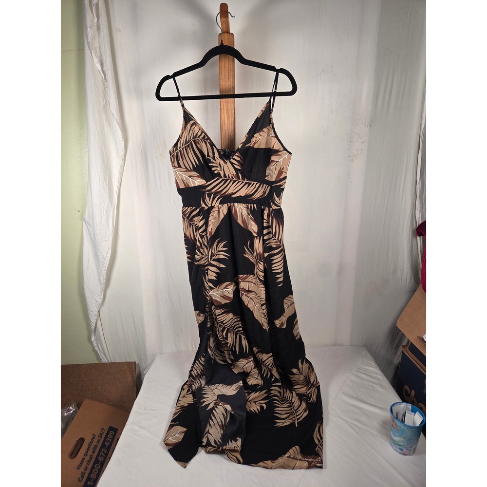 SHEIN Tropical Palm Leaf Print Maxi Dress Black Tan V-Neck Spaghetti Strap XL